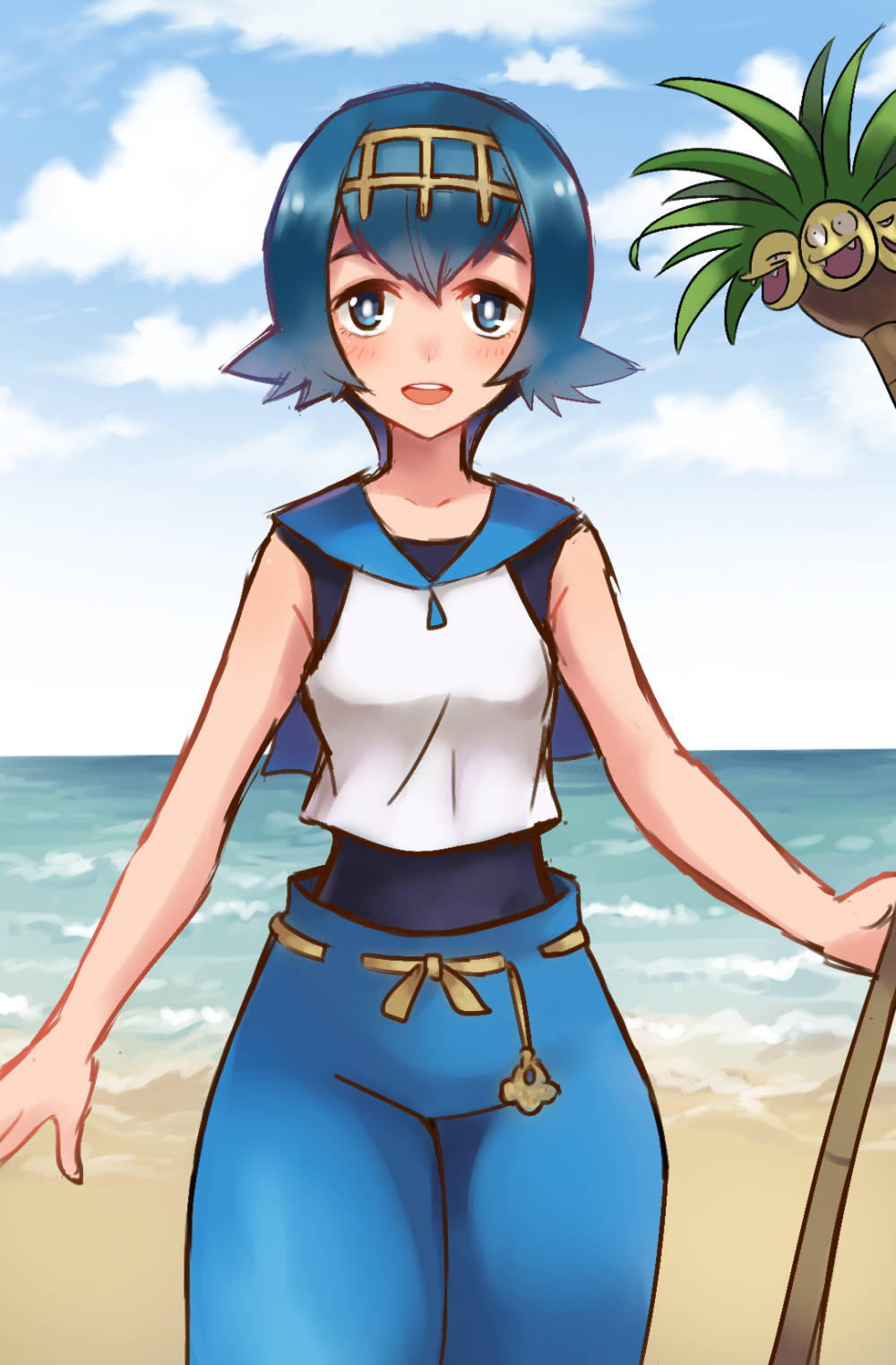 alolan_exeggutor alolan_form banned_artist beach blue_hair blue_sailor_collar exeggutor highres looking_at_viewer ocean outdoors pokemon pokemon_(creature) pokemon_(game) pokemon_sm reef sailor_collar short_hair suiren_(pokemon) trial_captain water