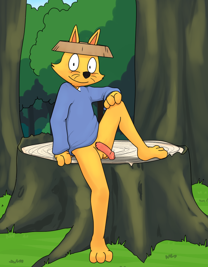 3_fingers 3_toes anthro balls blush bottomless canine clothed clothing flaccid forest fox fur hand_on_knee hat humanoid_penis kaiketsu_zorori looking_at_viewer male mammal outside penis pose raised_leg shirt sitting smile solo toes tree unknown_artist whiskers zorori