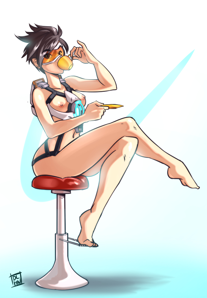 1girl adapted_costume areolae breasts brown_hair cup dalehan drink feet goggles gradient_background legs_crossed navel nipples overwatch short_hair sitting solo spiked_hair toes tracer_(overwatch)