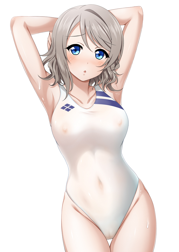 1girl :o armpits arms_up bangs blue_eyes blush breasts cameltoe collarbone competition_swimsuit covered_navel eyebrows_visible_through_hair grey_hair hair_between_eyes large_breasts looking_at_viewer love_live! love_live!_sunshine!! miel_(lessontome) nipples one-piece_swimsuit open_mouth see-through short_hair simple_background solo standing swimsuit watanabe_you wet white_background