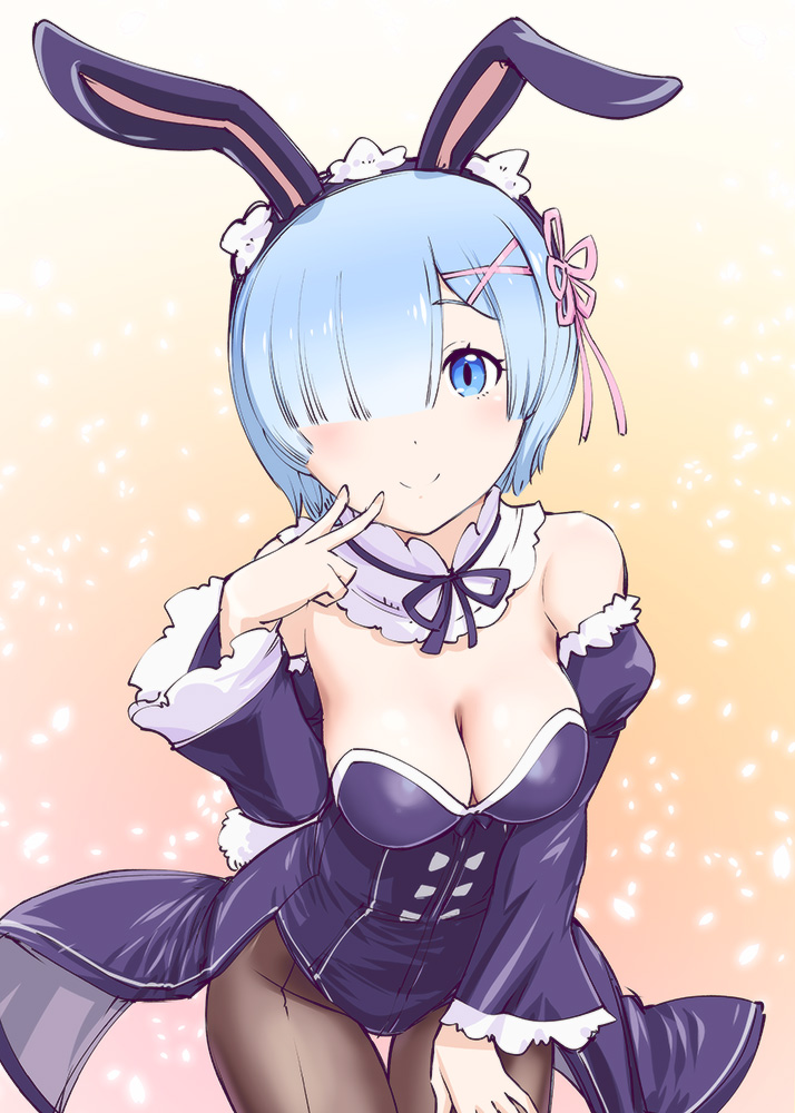 adapted_costume animal_ears bare_shoulders black_legwear blue_eyes blue_hair blush breasts bunny_day bunny_ears bunnysuit cleavage closed_mouth commentary_request cowboy_shot detached_collar detached_sleeves eyelashes fake_animal_ears hair_ornament hair_over_one_eye hair_ribbon hairband hand_on_own_thigh leaning_forward leotard light_particles long_sleeves looking_at_viewer medium_breasts neck_ribbon pantyhose pink_ribbon puffy_sleeves purple_ribbon re:zero_kara_hajimeru_isekai_seikatsu rem_(re:zero) ribbon short_hair smile solo strapless strapless_leotard ueyama_michirou v wide_sleeves x_hair_ornament