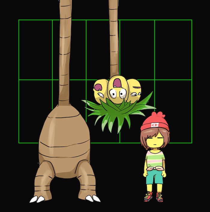 alolan_form androgynous bad_id bad_pixiv_id black_background brown_hair closed_eyes cosplay exeggutor frisk_(undertale) lesser_dog long_neck mizuki_(pokemon) mizuki_(pokemon)_(cosplay) mura_satori neck_growth parody pokemon pokemon_(creature) pokemon_(game) pokemon_sm shirt short_hair shorts striped striped_shirt undertale