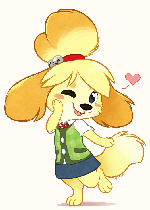 &lt;3 2018 animal_crossing anthro aseethe barefoot canine clothed clothing digital_media_(artwork) dog female isabelle_(animal_crossing) looking_at_viewer mammal nintendo one_eye_closed open_mouth open_smile raised_leg shih_tzu signature simple_background smile solo tongue video_games white_background wink