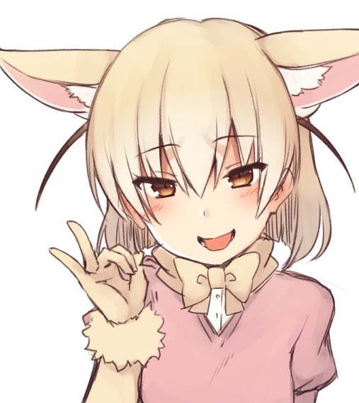 1girl animal_ears blonde_hair blush bow bowtie brown_eyes extra_ears eyebrows_visible_through_hair eyes_visible_through_hair fennec_(kemono_friends) fox_ears gloves hair_between_eyes kemono_friends looking_at_viewer nagami_yuu short_sleeves simple_background smile solo upper_body v white_background yellow_gloves yellow_neckwear