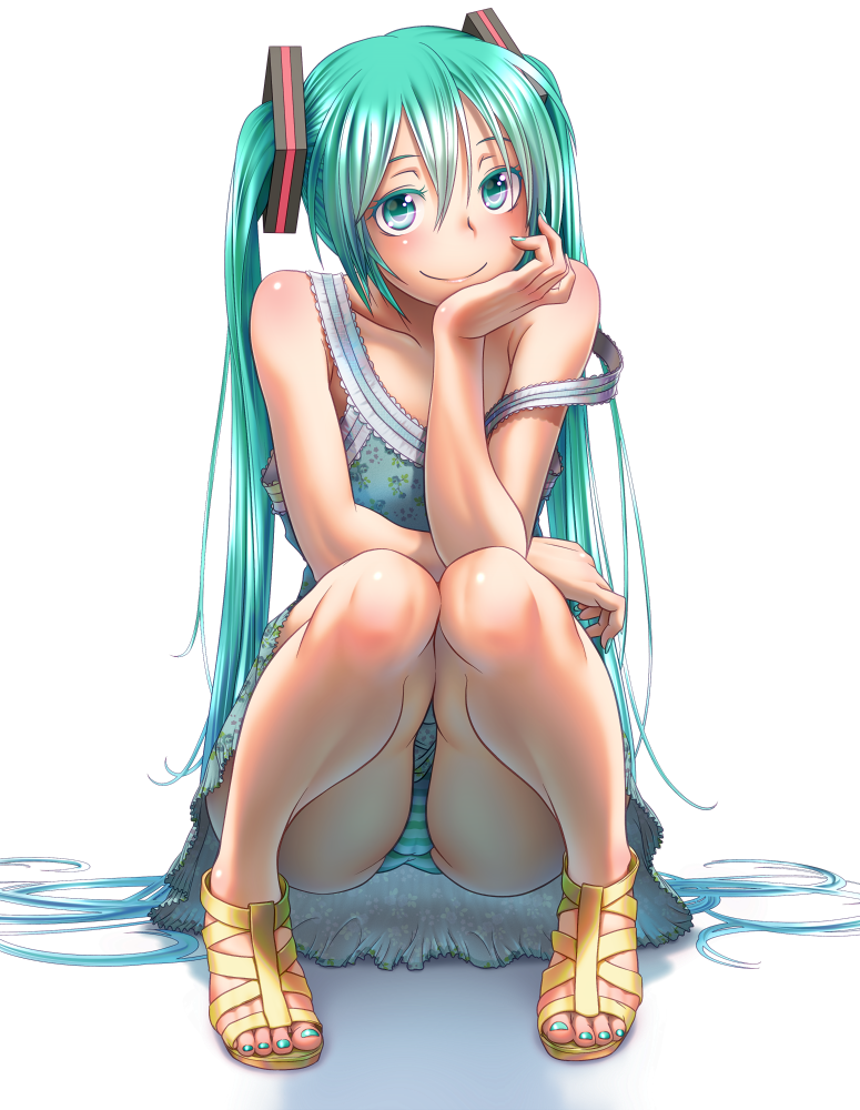 arm_support bare_legs bare_shoulders blue_dress blue_eyes blue_hair blue_nails collarbone colored_eyelashes commentary_request dress feet floral_print full_body hair_between_eyes hair_ornament hand_on_own_cheek hatsune_miku high_heels knees_together_feet_apart long_hair looking_at_viewer nail_polish no_legwear no_socks off_shoulder open_toe_shoes panties pantyshot pantyshot_(squatting) pigeon-toed sandals shoes sleeveless sleeveless_dress smile solo squatting strap_slip strappy_heels striped striped_panties toenail_polish toes transparent_background twintails underwear upskirt very_long_hair vocaloid wokada