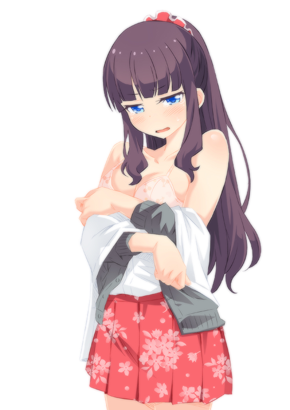 bad_id bad_pixiv_id bare_shoulders blue_eyes blush bra brown_hair cardigan cherry_print floral_print food_print hair_ornament hair_scrunchie inui_sanagi long_hair looking_at_viewer new_game! open_cardigan open_clothes open_mouth pink_bra ponytail print_skirt red_skirt scrunchie simple_background skirt solo takimoto_hifumi underwear undressing white_background