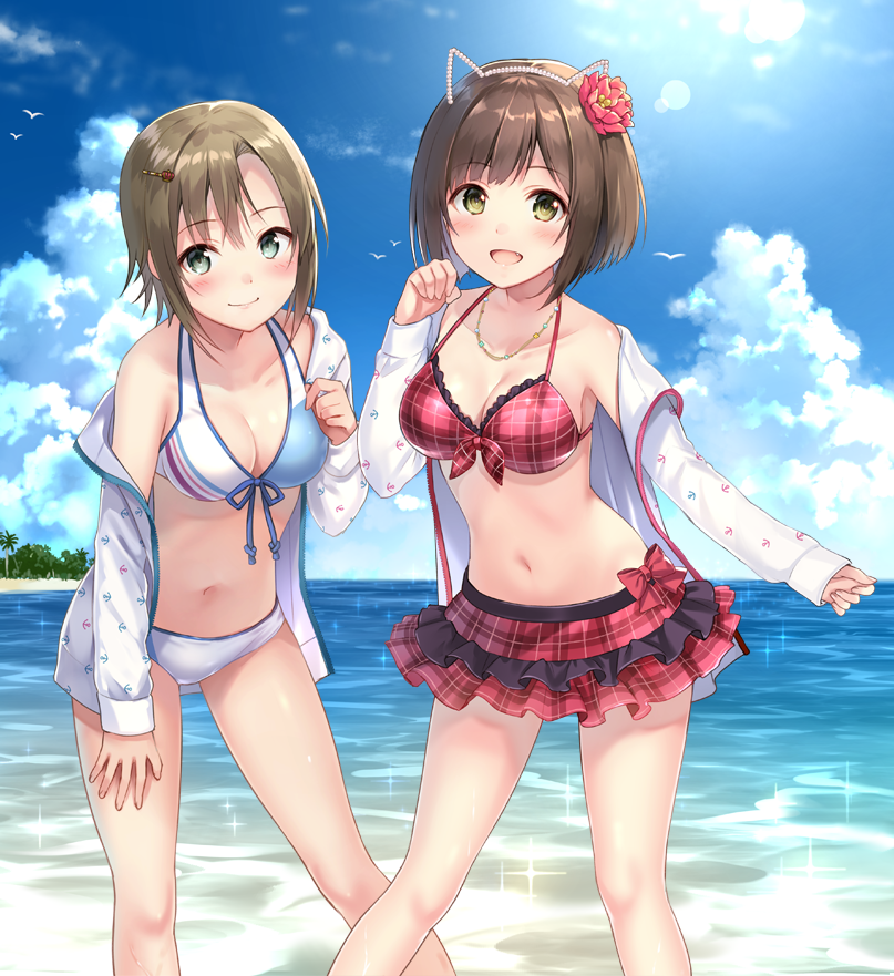 :d animal_ears asterisk_(idolmaster) bare_shoulders bikini bikini_skirt bird blue_bikini blush breasts brown_hair cat_ears cleavage closed_mouth collarbone commentary_request day eyebrows eyebrows_visible_through_hair fake_animal_ears fang flower frilled_bikini frills front-tie_top fukahire_(ruinon) green_eyes hair_between_eyes hair_flower hair_ornament hairpin halter_top halterneck head_tilt idolmaster idolmaster_cinderella_girls jacket jewelry leaning_forward long_sleeves looking_at_viewer maekawa_miku medium_breasts multiple_girls navel necklace off_shoulder open_clothes open_jacket open_mouth outdoors palm_tree paw_pose plaid plaid_bikini red_bikini shiny shiny_skin short_hair simple_background sleeves_past_wrists smile sparkle standing swimsuit tada_riina tareme tree upper_body water white_background white_bikini white_jacket