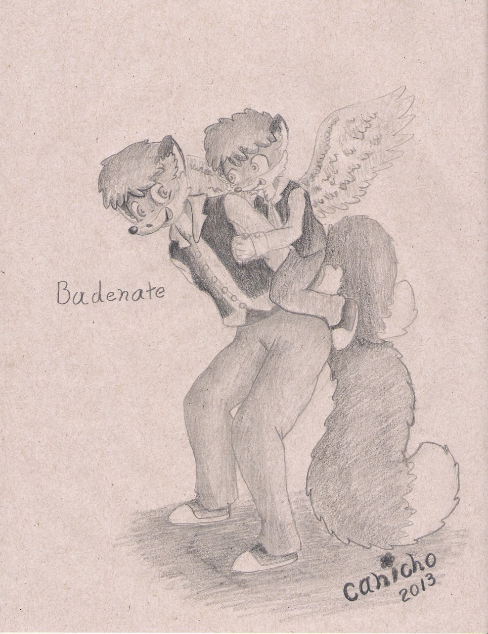 adult_version age_difference anthro bending canicho canine carrying clothing cub cub_version footwear fox male mammal open_mouth pants playing romantic_couple shirt shoes smile spiritual traditional_media_(artwork) wings young