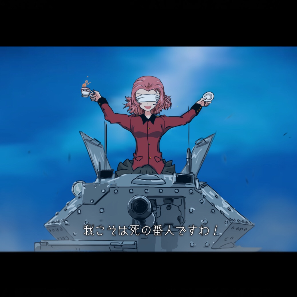 1girl crusader_(tank) girls_und_panzer ground_vehicle kakesoba mad_max mad_max:_fury_road military military_vehicle motor_vehicle red_hair rosehip short_hair sky smile tank tank_turret weapon