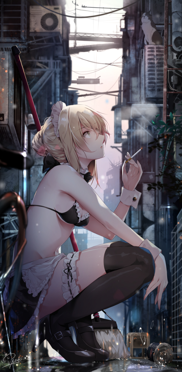 1girl ahoge air_conditioner apron artoria_pendragon_(all) artoria_pendragon_(swimsuit_rider_alter) bangs bare_arms bare_shoulders black_footwear black_legwear black_ribbon blurry_foreground breasts can cat cigarette city cloud cloudy_sky day detached_collar eyebrows_visible_through_hair fate/grand_order fate_(series) from_side groin hair_ribbon hair_up high_heels highres hirai_yuzuki ladder leg_garter long_hair looking_up maid_apron maid_bikini maid_headdress medium_breasts mop navel open_mouth outdoors petticoat power_lines ribbon saber_alter sidelocks signature skindentation sky smoke smoking solo squatting thighhighs waist_apron wrist_cuffs yellow_eyes