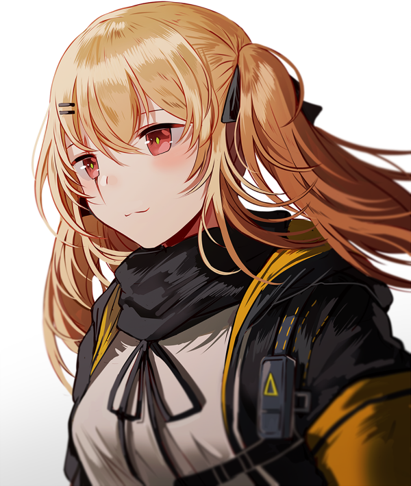 :3 armband bangs black_ribbon blush breasts brown_hair floating_hair girls_frontline hair_between_eyes hair_ornament hair_ribbon hairclip jacket long_hair red_eyes ribbon scar scar_across_eye shirt silence_girl simple_background smile twintails ump9_(girls_frontline) upper_body white_background