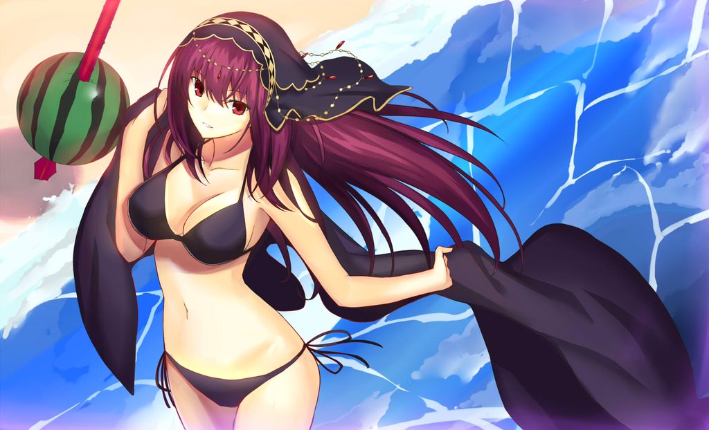 beach bikini breasts fate/grand_order fate_(series) kauto large_breasts long_hair midriff navel outdoors purple_hair red_eyes scathach_(fate)_(all) scathach_(fate/grand_order) shore side-tie_bikini solo swimsuit veil water