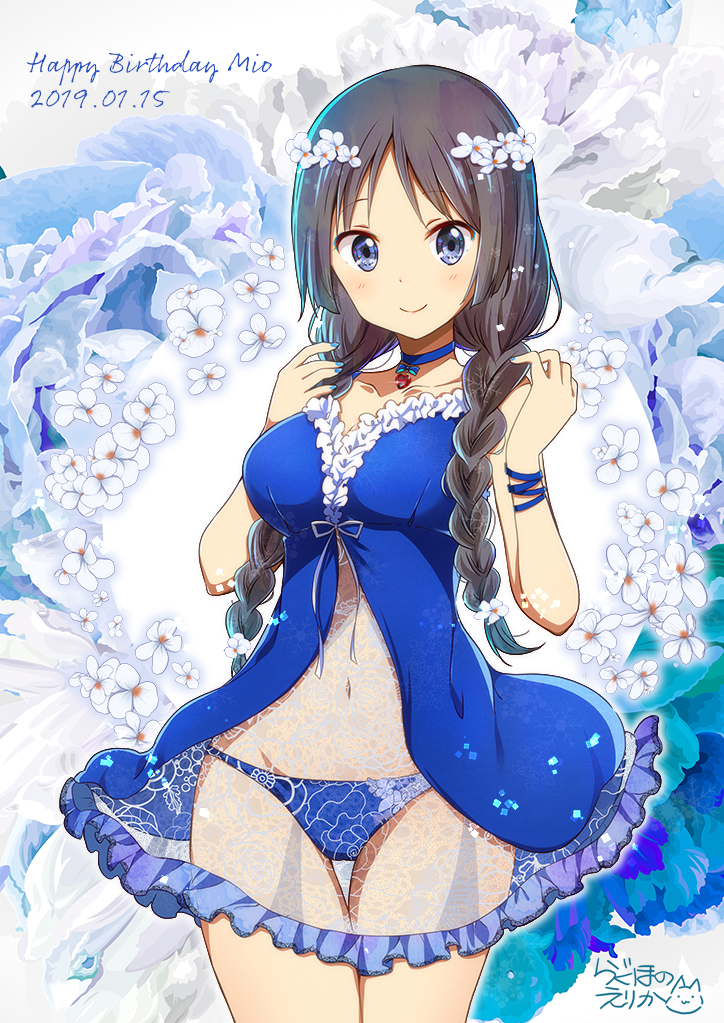 1girl akiyama_mio artist_name babydoll bangs black_hair blue_babydoll blue_choker blue_eyes blue_nails blue_panties blush braid breasts character_request choker cleavage closed_mouth collarbone cowboy_shot dated eyebrows_visible_through_hair floral_background flower glint hair_flower hair_ornament hands_up happy_birthday heart jewelry k-on! long_hair looking_at_viewer medium_breasts nail_polish navel panties parted_bangs pendant ragho_no_erika signature smile solo stomach tareme thigh_gap thighs twin_braids underwear underwear_only white_flower wristband