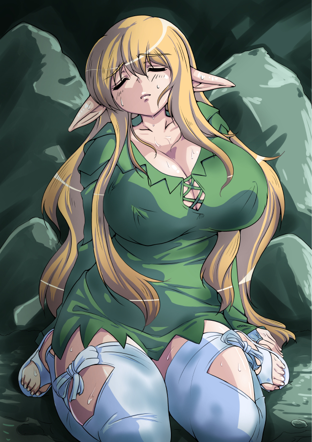 1girl blonde_hair breasts cleavage collarbone dress elf erect_nipples eyes_closed female huge_breasts kneeling long_hair miniskirt nafta outdoors pointy_ears rocks sandals skirt solo sweat thighs tiffania_westwood toes very_long_hair zero_no_tsukaima