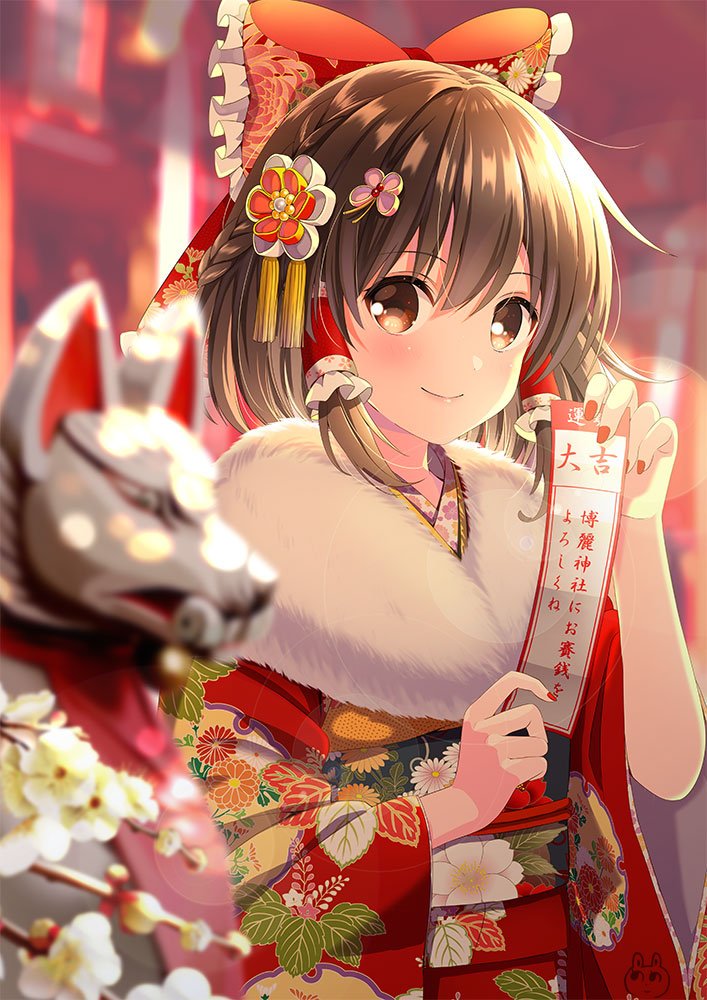 1girl bangs banned_artist blurry blurry_background blurry_foreground bow brown_eyes brown_hair closed_mouth commentary_request eyebrows_visible_through_hair fingernails floral_print flower fur_collar hair_between_eyes hair_bow hair_ornament hair_tubes hakurei_reimu holding japanese_clothes kimono long_hair long_sleeves nail_polish obi omikuji print_kimono red_bow red_kimono red_nails sash smile solo statue touhou white_flower wide_sleeves yuuka_nonoko