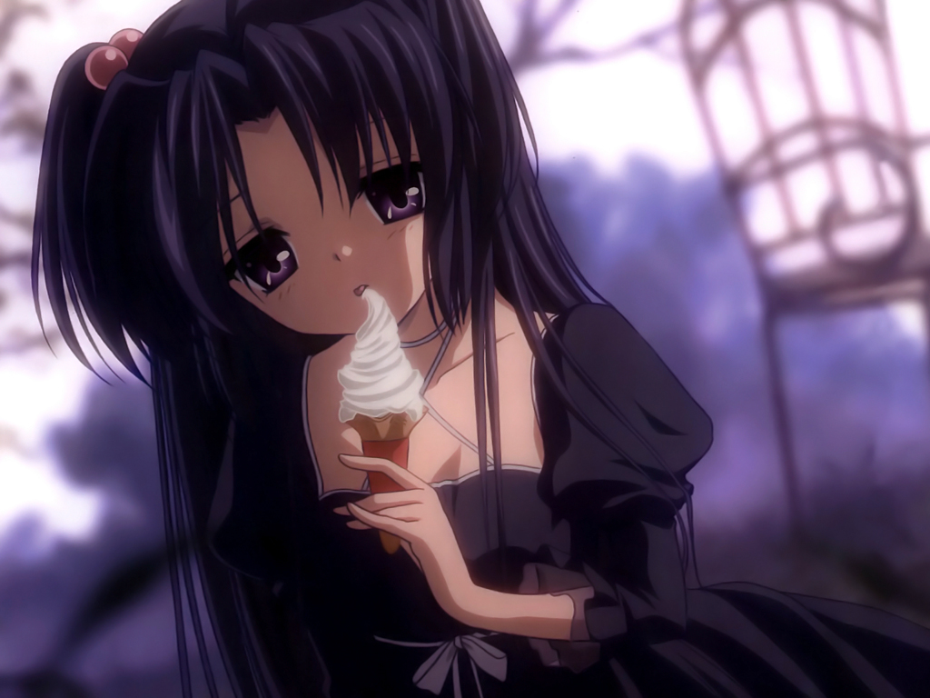 artist_request clannad dress food hair_bobbles hair_ornament ice_cream ichinose_kotomi official_art solo two_side_up
