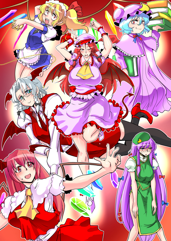 bespectacled blonde_hair blue_hair book breasts commentary_request cosplay costume_switch crystal danna_(karatekikku) dress flandre_scarlet flandre_scarlet_(cosplay) glasses grey_hair hat hong_meiling hong_meiling_(cosplay) huge_breasts izayoi_sakuya izayoi_sakuya_(cosplay) koakuma koakuma_(cosplay) maid mob_cap multiple_girls patchouli_knowledge patchouli_knowledge_(cosplay) pocket_watch purple_hair red_hair remilia_scarlet remilia_scarlet_(cosplay) skirt touhou watch wings