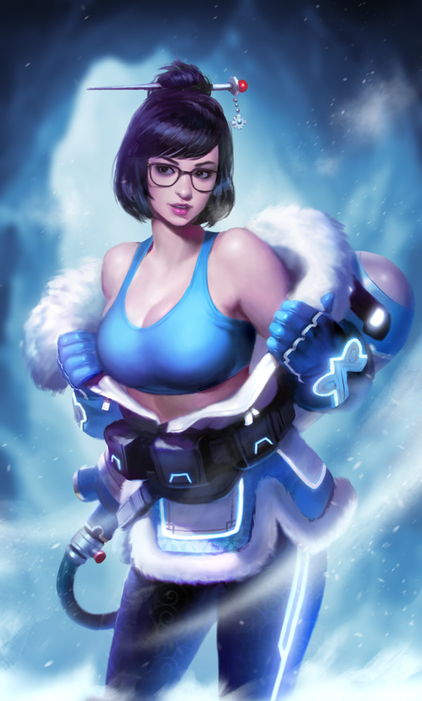 artstation_sample bangs bare_shoulders beads belt belt_pouch black-framed_eyewear blizzard blue_gloves blue_legwear breasts brown_eyes brown_hair canister cleavage coat collarbone contrapposto cowboy_shot crop_top drone fur-trimmed_jacket fur_coat fur_trim glasses gloves hair_bun hair_ornament hair_stick image_sample jacket kilart large_breasts lips looking_to_the_side machinery mei_(overwatch) off_shoulder overwatch parka parted_lips pouch print_legwear realistic removing_jacket robot short_hair sidelocks snowball_(overwatch) snowflake_hair_ornament snowing solo standing swept_bangs tank_top undressing winter_clothes winter_coat