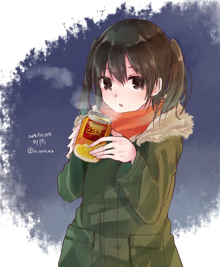 1girl alternate_costume black_hair blue_background breath brown_eyes can character_name coat cowboy_shot dated fur-trimmed_coat fur_trim green_coat kantai_collection looking_at_viewer sendai_(kantai_collection) short_hair solo steam twitter_username two-tone_background two_side_up u_yuz_xx white_background