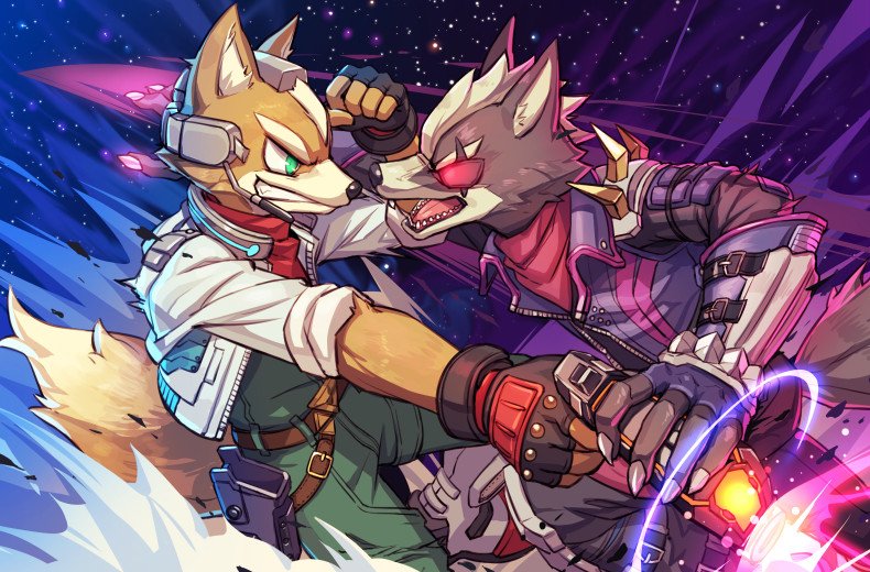 2018 anthro battle black_nose boots brown_fur canine claws clothing dipstick_tail duo eye_contact fingerless_gloves footwear fox fox_mccloud fur gloves green_eyes grey_fur gun handgun holster jacket male mammal multicolored_tail nintendo ranged_weapon red_eyes scarf star_fox torio000 video_games weapon white_fur wolf wolf_o'donnell