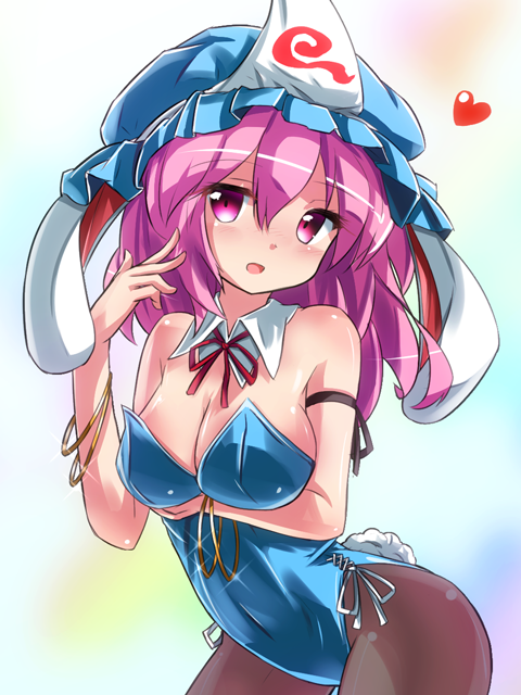 alternate_costume animal_ears bare_shoulders black_legwear blue_hat breast_hold breasts bunny_ears bunny_girl bunnysuit cleavage covered_navel hair_between_eyes hat heart large_breasts leaning_forward looking_at_viewer mob_cap open_mouth pantyhose pink_eyes pink_hair ryogo saigyouji_yuyuko shiny shiny_skin short_hair solo touhou triangular_headpiece