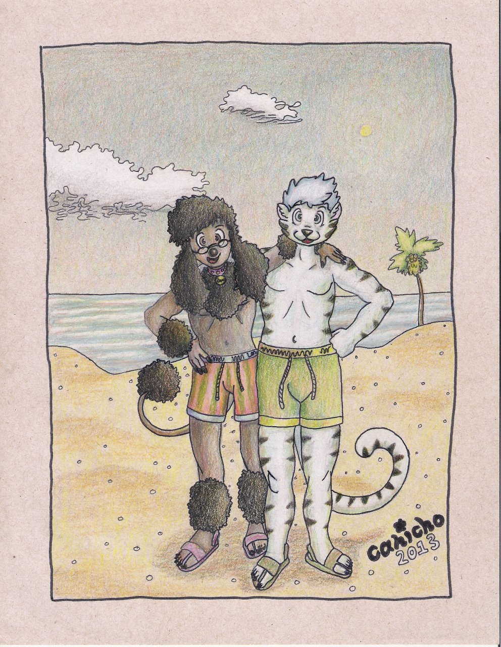 anthro beach canicho canine clothed clothing digital_media_(artwork) dog duo eyewear feline friend friends fur glasses hair hi_res hug looking_at_viewer male mammal open_mouth outside pencil_(artwork) poodle romantic_couple seaside simple_background smile standing swimsuit tiger topless traditional_media_(artwork) underwear water white_tiger young