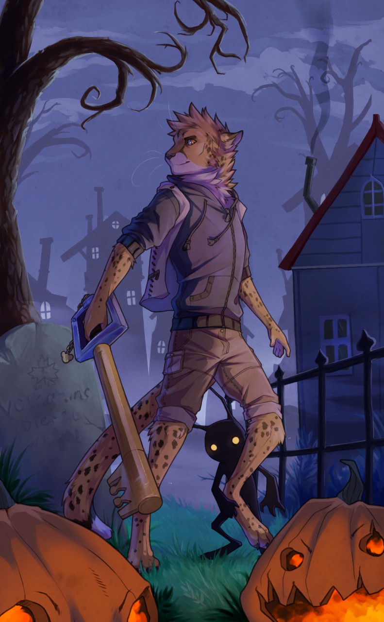 anthro cheetah clothed clothing cloud diesel_wiesel feline halloween holidays key male mammal outside smile solo standing volcanins