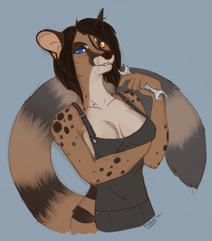 anthro bare_shoulders breasts brown_hair cleavage clothed clothing female grin hair heterochromia looking_at_viewer mxgurl89 solo tomboy unknown_species