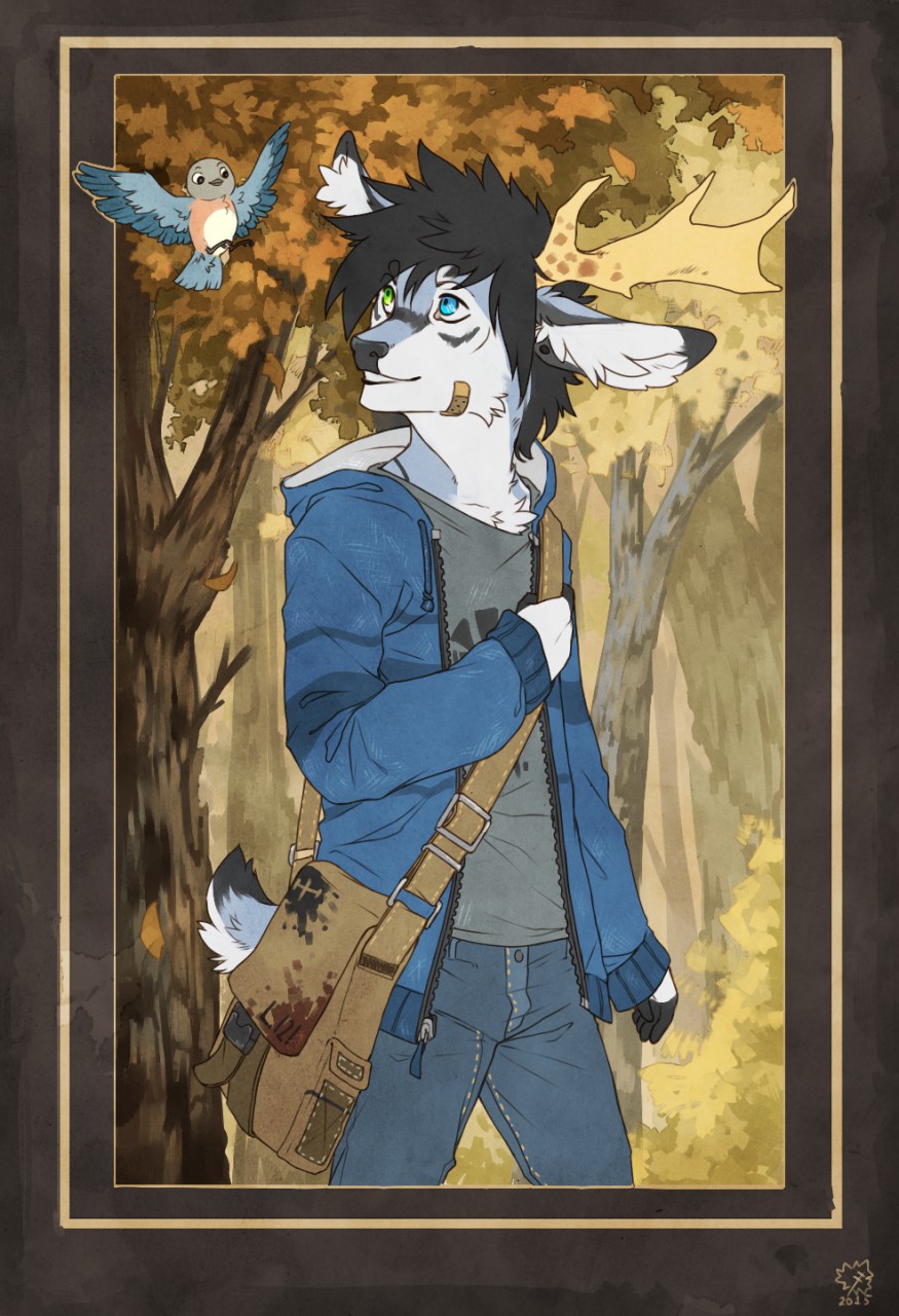 anthro antlers bandage cervine clothed clothing deer diesel_wiesel forest horn male mammal outside smile solo standing teeth tree volcanins