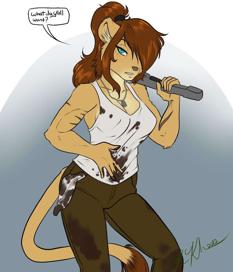 2012 anthro bare_shoulders breasts brown_hair clothing feline female hair hair_over_eye kathy-lu lion looking_at_viewer mammal ponytail shirt solo speech_bubble tomboy