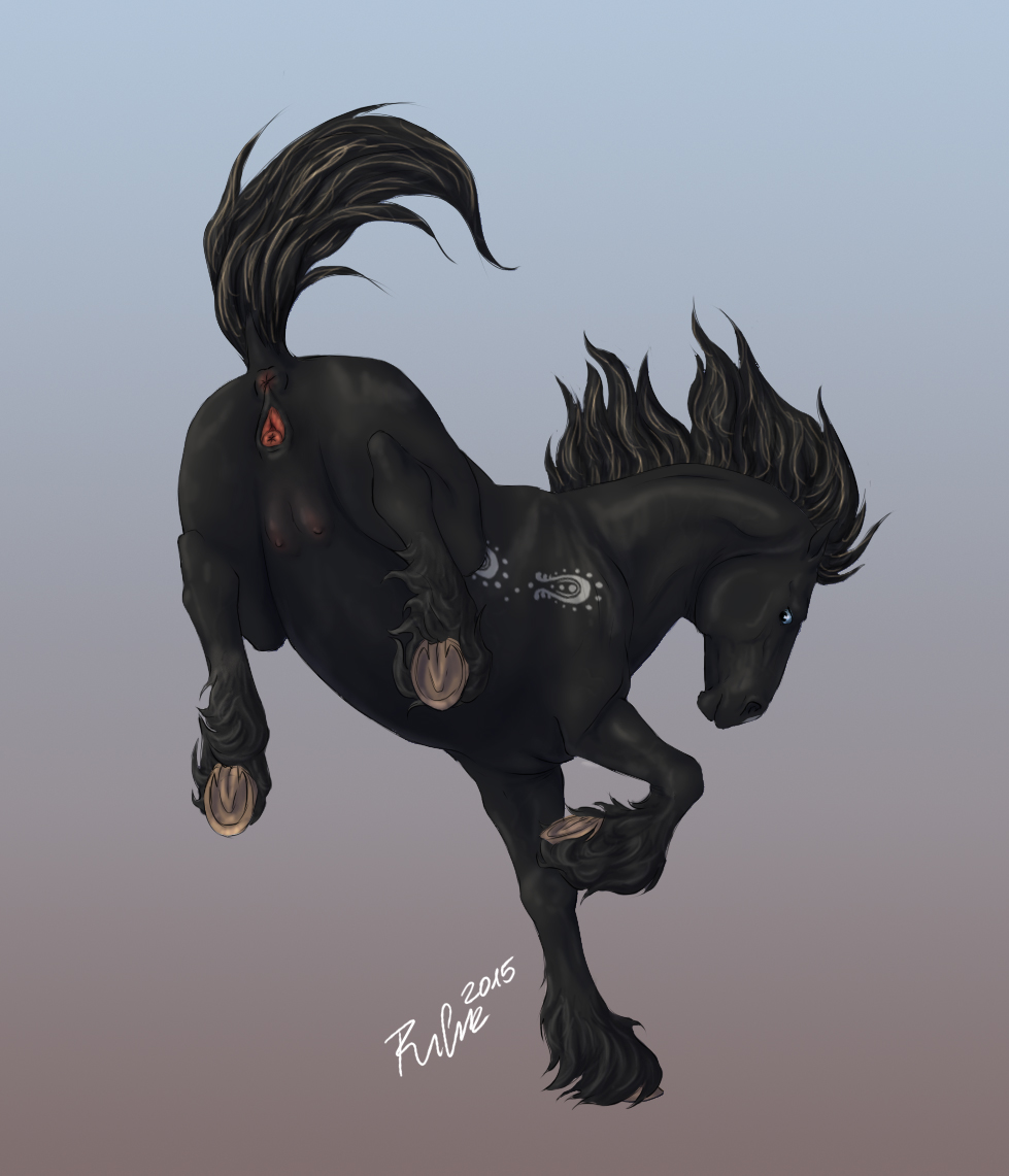 2015 anatomically_correct anatomically_correct_anus anatomically_correct_pussy animal_genitalia animal_pussy anus black_fur blue_eyes butt clitoral_winking clitoris digital_media_(artwork) dock equine equine_pussy feathering female feral fur gradient_background hooves horse mammal mane puffy_anus pussy quadruped raised_tail rufciu signature simple_background solo teats underhoof urethra