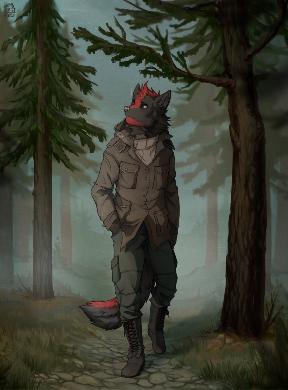 anthro canine clothed clothing diesel_wiesel forest fur hands_in_pockets male mammal outside solo standing tree volcanins wolf