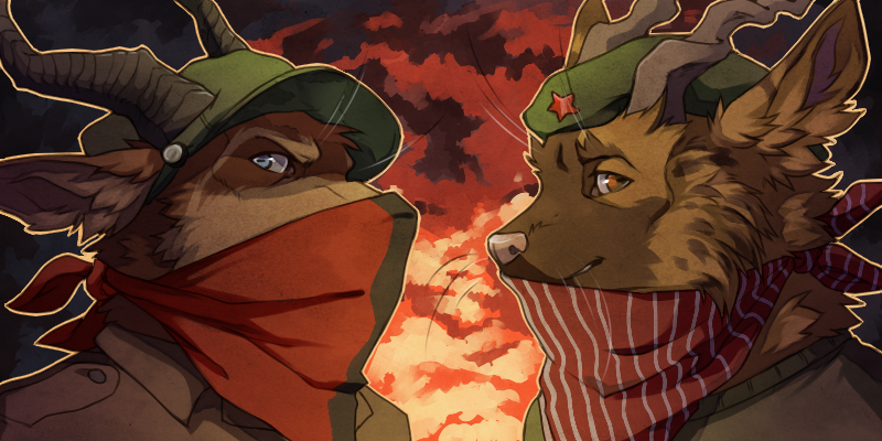 anthro bandanna caprine clothed clothing diesel_wiesel duo goat hat horn hybrid hyena looking_at_viewer male mammal simple_background volcanins