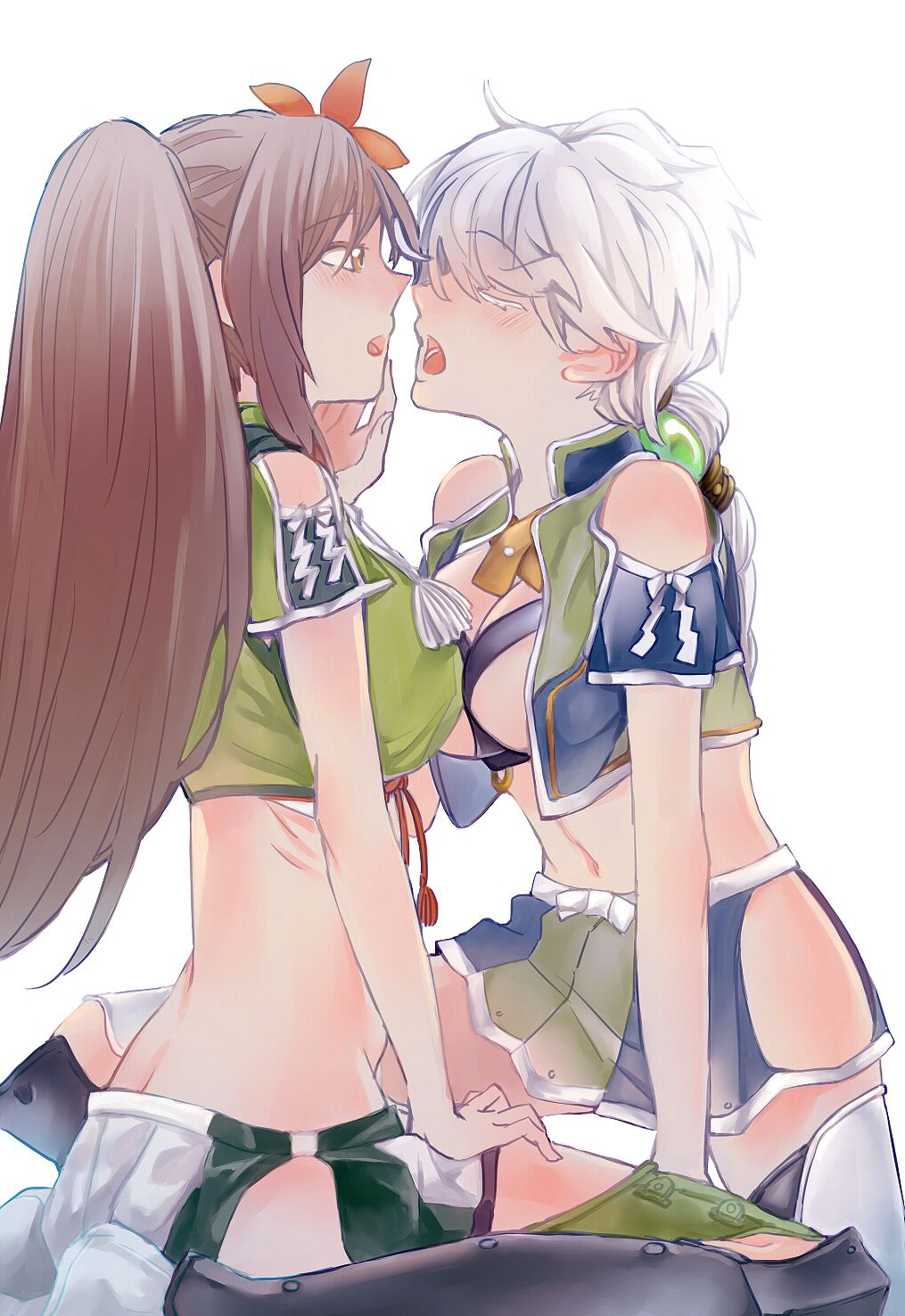 alternate_color amagi_(kantai_collection) bai_lao_shu bare_shoulders black_legwear blush braid breasts brown_hair closed_eyes cloud_print colored_eyelashes crop_top flower from_side green_legwear hair_between_eyes hair_flower hair_ornament hands_together highres hip_vent imminent_kiss kantai_collection large_breasts long_hair looking_at_another midriff miniskirt multiple_girls navel open_clothes open_mouth pleated_skirt ponytail remodel_(kantai_collection) revealing_clothes short_sleeves silver_hair single_braid skirt thighs underwear unryuu_(kantai_collection) very_long_hair yuri