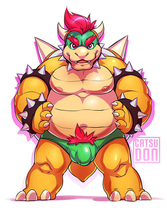 anthro bowser briefs bulge catsudon clothing front_view hands_on_hips horn koopa looking_at_viewer mario_bros moobs musclegut nintendo pubes scalie signature spiked_bracelets spread_legs spreading stading tight_clothing underwear video_games