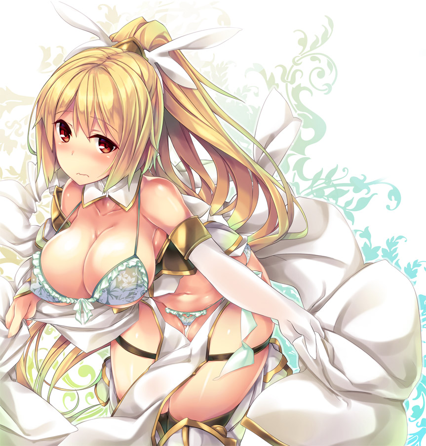 aqua_bikini bare_shoulders bikini blonde_hair blush breasts brown_eyes cleavage collarbone commentary_request detached_collar floral_print frilled_bikini frills frown greaves large_breasts leaning_forward loincloth long_hair nanaly_(sennen_sensou_aigis) navel open_mouth ponytail sennen_sensou_aigis shimakaze solo swimsuit thigh_strap wavy_mouth