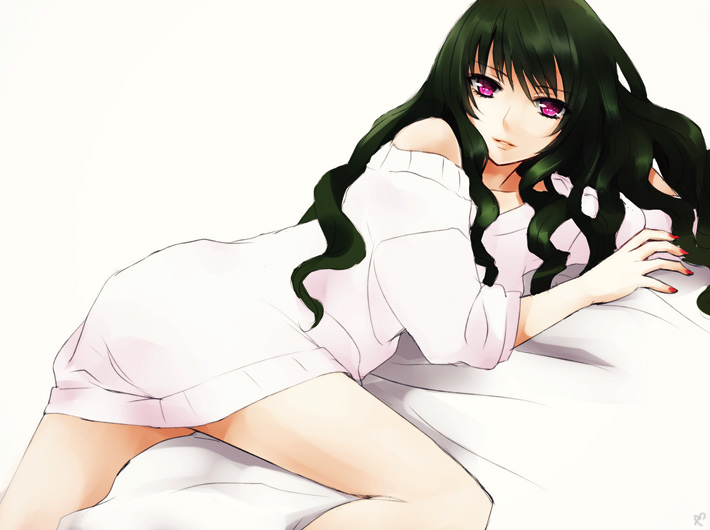 bed_sheet collarbone dominura dress fingernails green_hair kiryuu_aoko long_hair looking_at_viewer lying off-shoulder_sweater on_side parted_lips purple_eyes simoun solo sweater sweater_dress