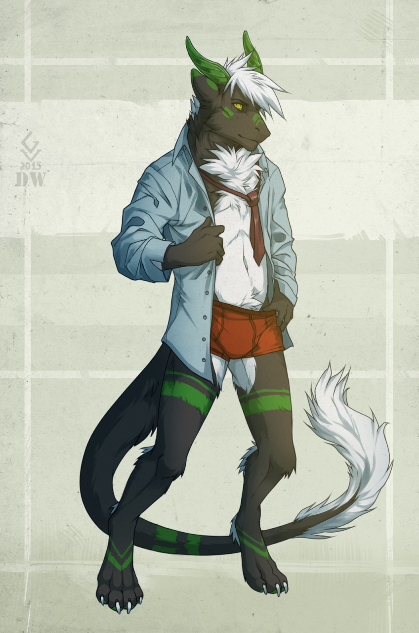 anthro boxer_briefs clothed clothing diesel_wiesel dragon fur furred_dragon horn male navel necktie open_shirt simple_background smile solo standing underwear volcanins