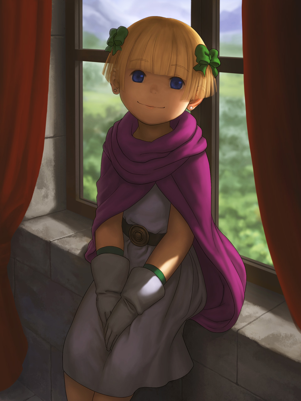 1girl bianca's_daughter blonde_hair blue_eyes bow cape dragon_quest dragon_quest_v earrings gloves smile solo xiin