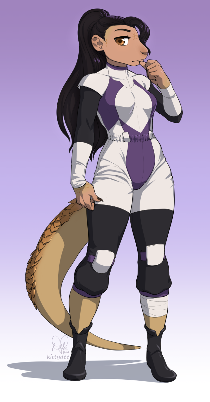 anthro black_hair bodysuit boots clothing female footwear hair kittydee looking_at_viewer mammal pangolin scales simple_background skinsuit solo standing tight_clothing