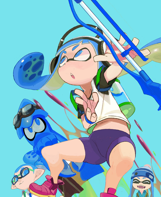 2girls bangs beanie bike_shorts black_shorts blue_eyes blue_hair blunt_bangs bobble-chan_(splatoon) classic_squiffer_(splatoon) closed_eyes domino_mask dress_shirt fangs glasses-kun_(splatoon) goggle-kun_(splatoon) goggles goggles_on_head hair_slicked_back hat headphone-chan_(splatoon) headphones holding holding_weapon ink_tank_(splatoon) inkling jumping layered_clothing long_hair looking_at_viewer mask multiple_girls necktie pointy_ears shirt shoes short_hair short_sleeves shorts splatoon_(manga) splatoon_(series) splatoon_1 squid standing t-shirt tank_top tentacle_hair topknot weapon white_shirt yuuki_(irodo_rhythm)