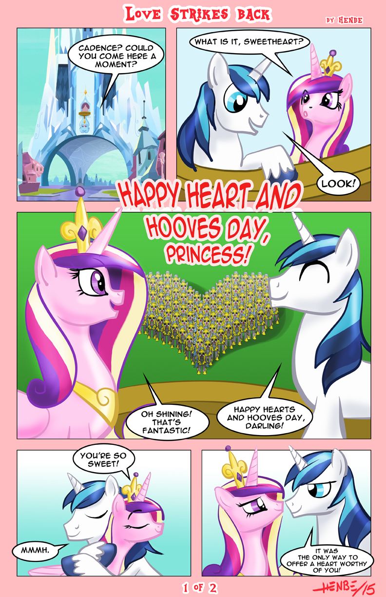 &lt;3 2015 comic crown crystal crystal_empire dialogue english_text equine eyes_closed feathered_wings feathers female feral friendship_is_magic fur group hair henbe horn hug male mammal multicolored_hair my_little_pony outside palace pink_fur princess_cadance_(mlp) royal_guard_(mlp) shining_armor_(mlp) sky text unicorn white_fur winged_unicorn wings