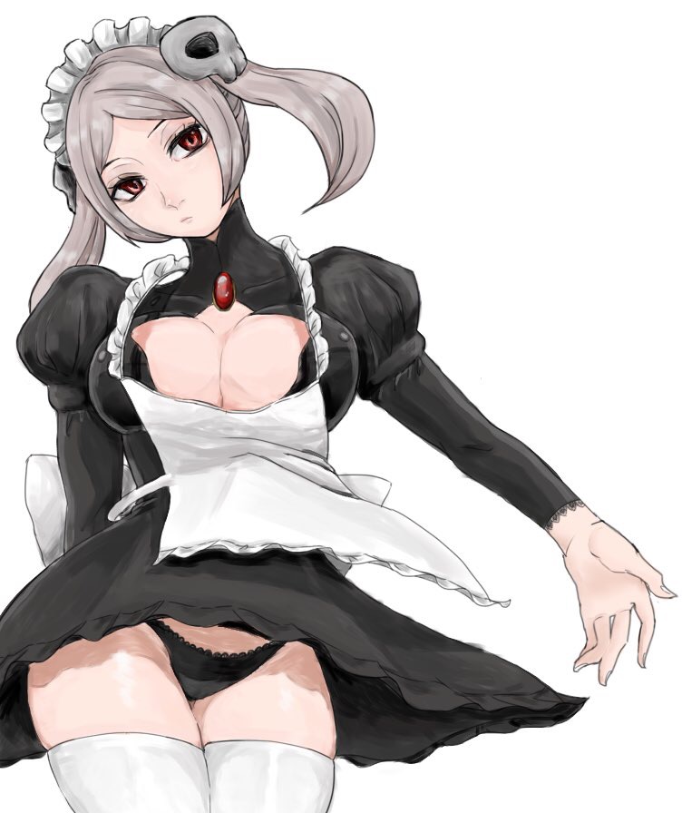 1girl apron bloody_marie_(skullgirls) breasts cleavage cleavage_cutout grey_hair hair_ornament looking_at_viewer maid maid_apron maid_headdress panties red_eyes ribbon skull skull_hair_ornament skullgirls solo thighhighs twintails underware underwear
