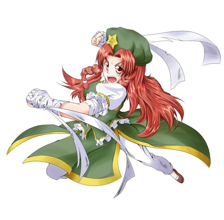alternate_eye_color arm_wrap beret braid breasts chinese_clothes clenched_hands d: eyebrows eyebrows_visible_through_hair fighting_stance hat hong_meiling kirisame_arashi long_hair lunging medium_breasts open_mouth pants puffy_short_sleeves puffy_sleeves red_eyes red_hair shoes short_sleeves solo star touhou twin_braids v-shaped_eyebrows very_long_hair white_background
