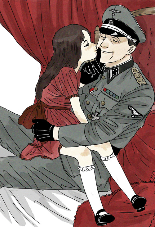 1boy 1girl age_difference bed brown_hair butaneko_(butaneko_hanten) dress gloves kiss kneehighs nazi officer sitting_on_lap uniform wwii