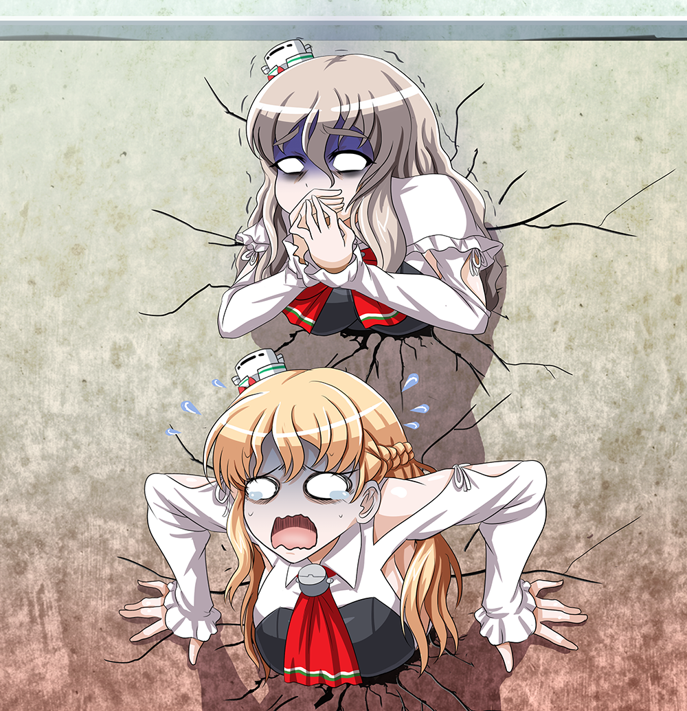 ascot braid capelet commentary_request cracked_wall crying curly_hair detached_sleeves drunk flying_sweatdrops french_braid hat headgear kabe_ni_hamatte_ugokenai! kantai_collection light_brown_hair long_hair mini_hat multiple_girls nausea pale_face parody pola_(kantai_collection) silver_hair stuck tk8d32 trembling turn_pale wall zara_(kantai_collection)
