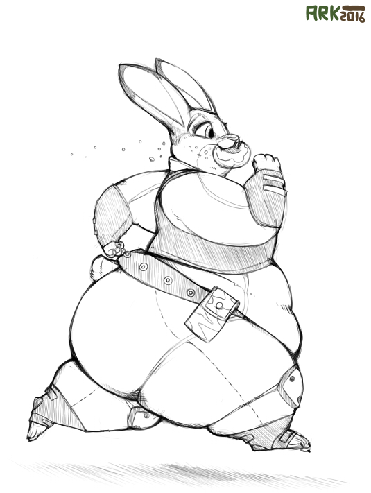 2016 anthro arkveveen_(artist) belly belly_overhang belt big_belly big_butt bottomwear butt clothed clothing disney doughnut eating female food huge_butt huge_thighs judy_hopps lagomorph leporid love_handles mammal obese obese_female overweight overweight_female rabbit running simple_background sketch solo thick_thighs topwear wide_hips zootopia