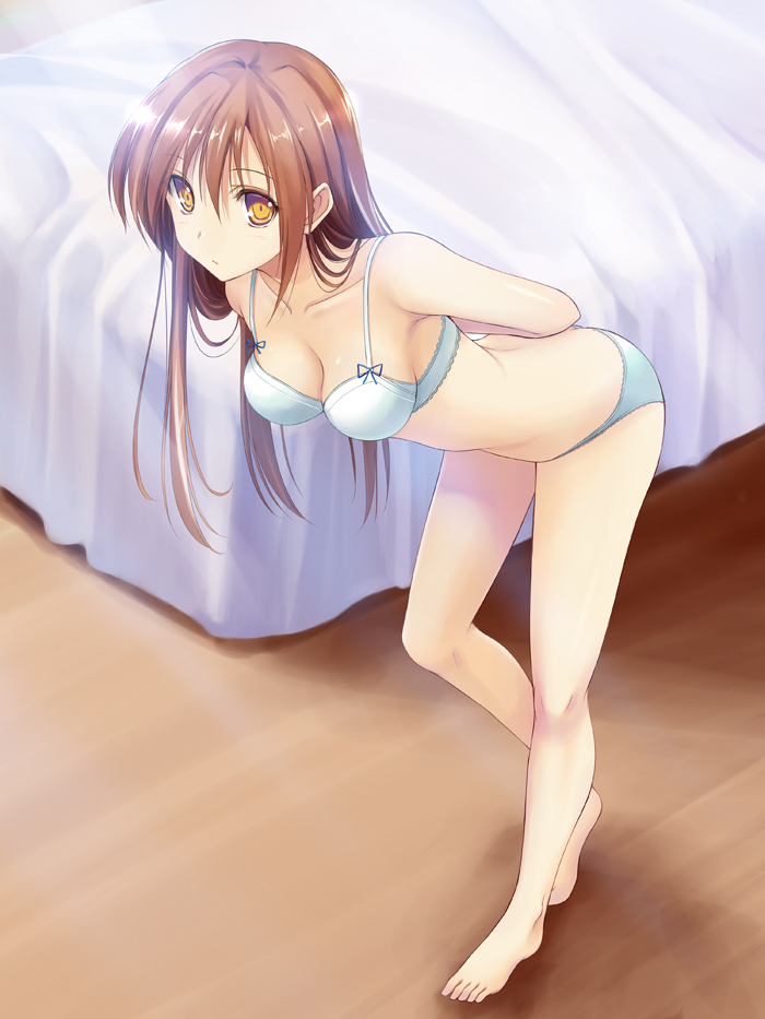 arms_behind_back bare_shoulders barefoot bed bed_sheet bent_over bra brown_eyes brown_hair collarbone long_hair looking_at_viewer original panties shadow solo standing takepon underwear underwear_only undressing