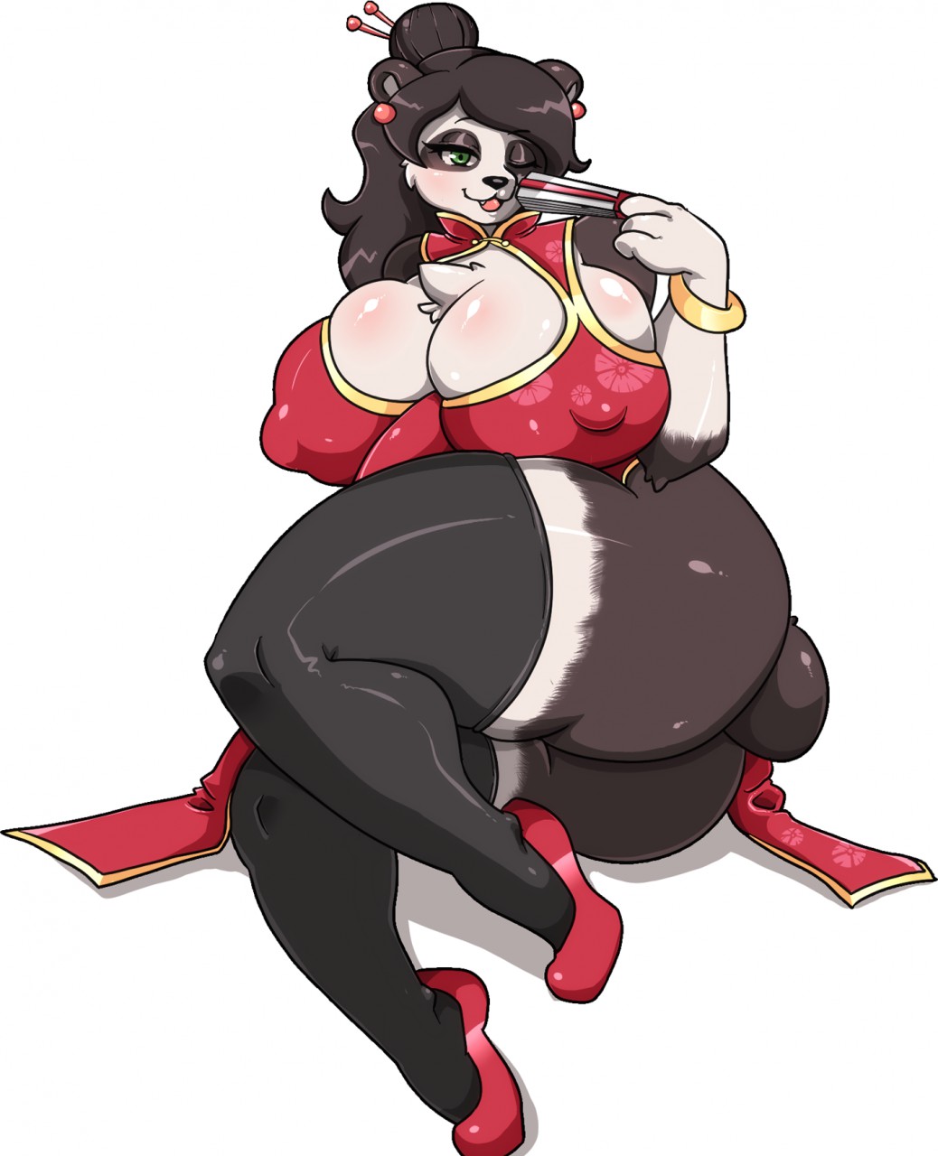 anthro bear big_breasts big_butt black_fur bracelet breasts butt chest_tuft cleavage clothed clothing ear_piercing female fur green_eyes hi_res huge_breasts huge_butt jewelry leggings legwear mammal nipple_bulge one_eye_closed panda piercing sechomi11 tuft white_fur wink