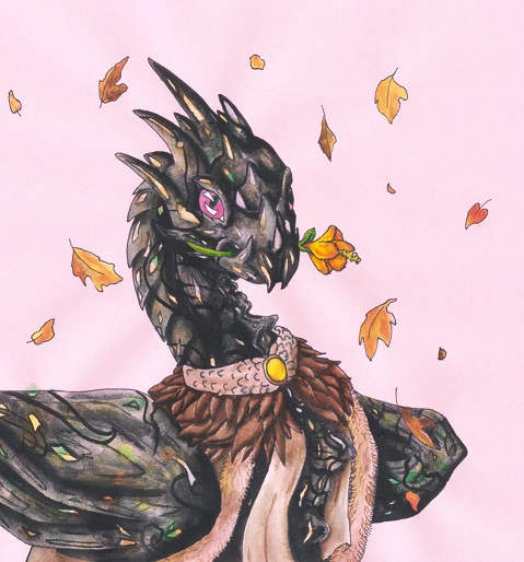 autumn_leaves cloak clothing dragon female flight_rising flower fur gem invalid_color nocturne pink_background pink_eyes plant scale simple_background srnecka